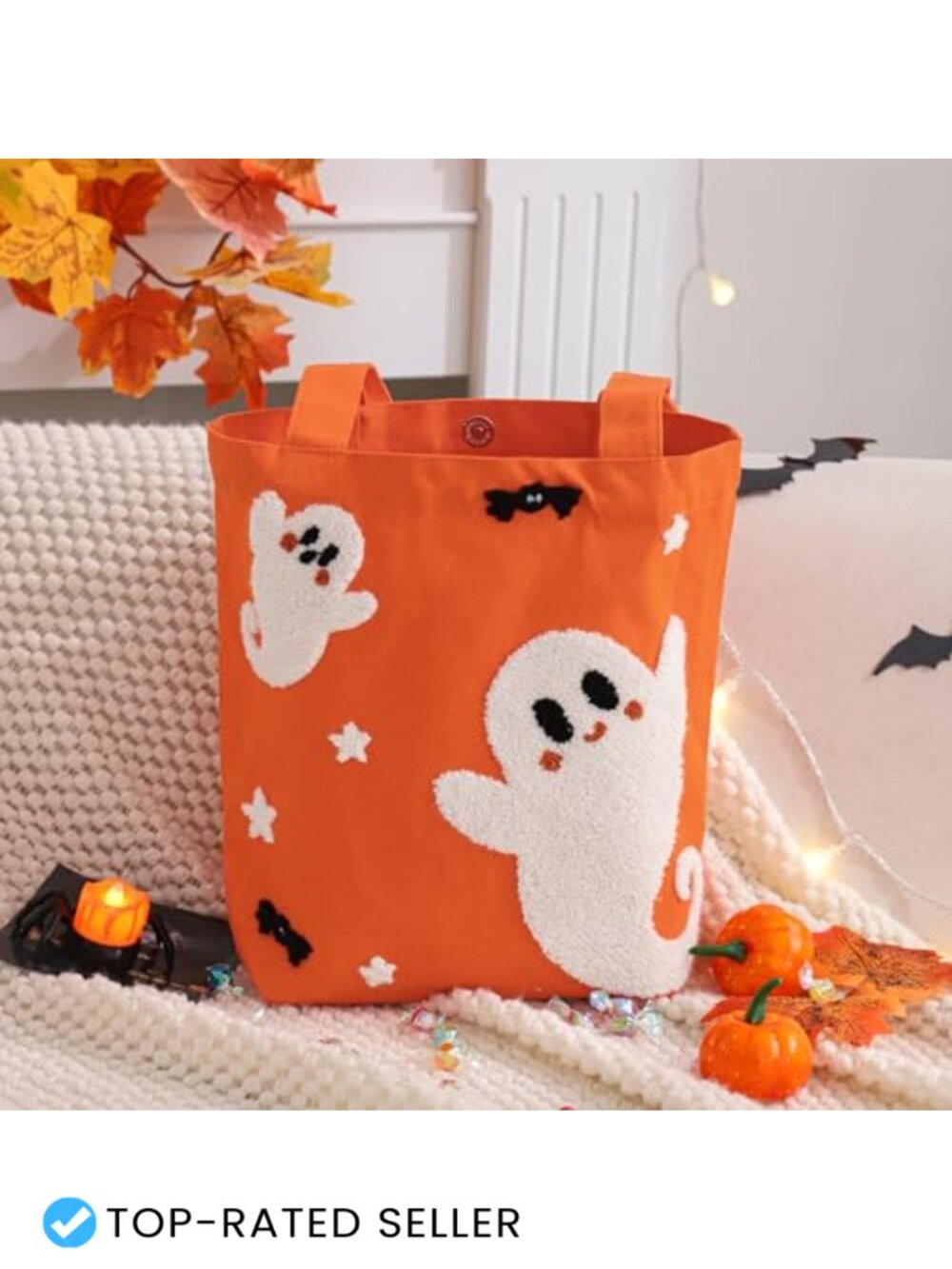 Halloween Canvas Tote Bag with 3D Embroidery, Reusable Trick or Treat Bag